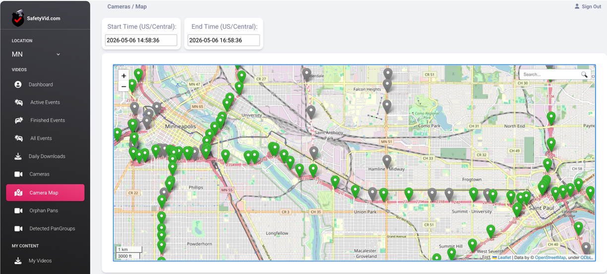 Searchable by camera location, coordinates, date, time