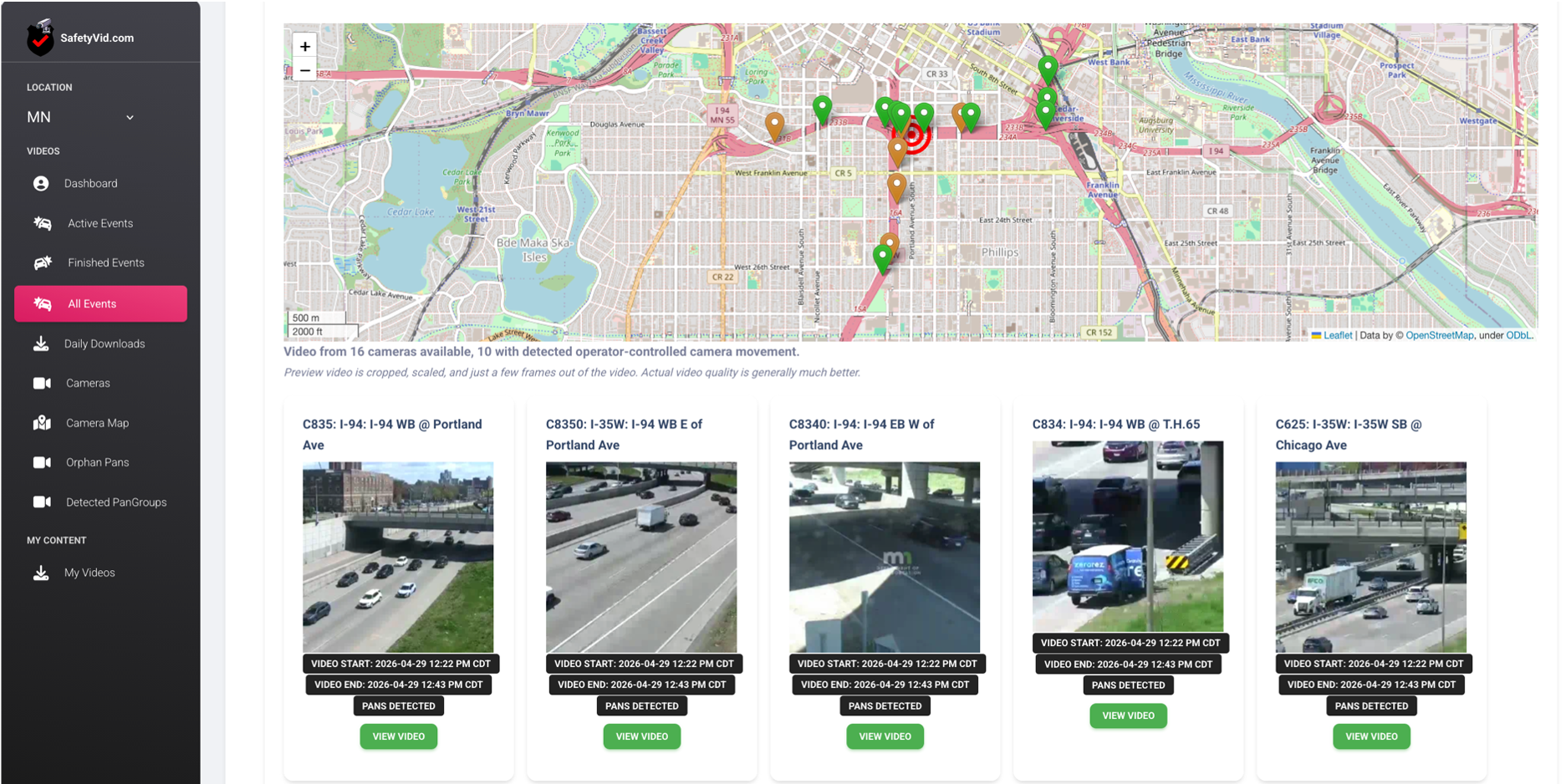 Search results with active cameras within 1.25 miles of the event